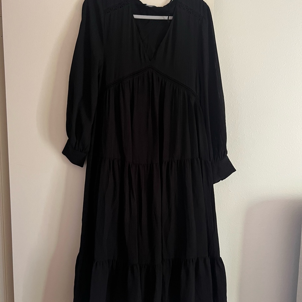 Zara Black Tiered V-Neck Bishop Sleeve Dress